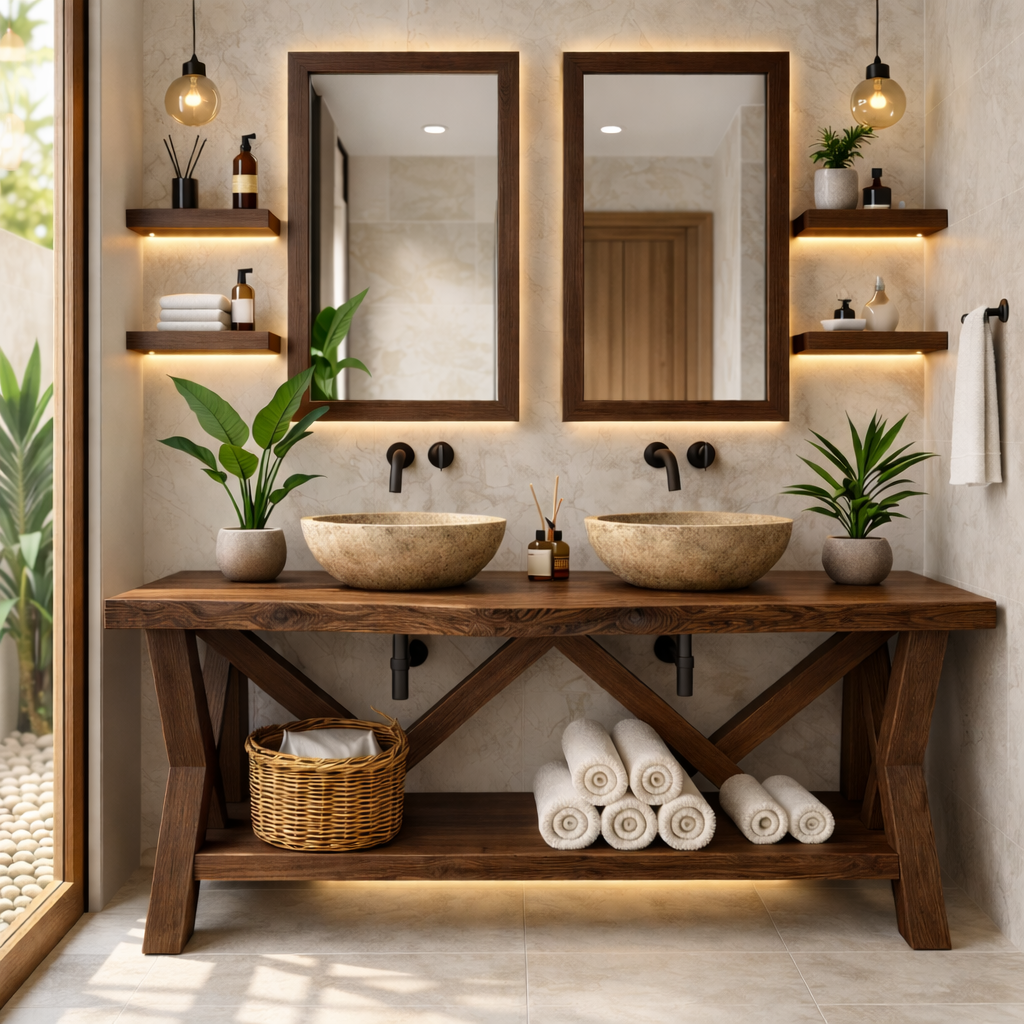 Rustic Double Bathroom Vanity Cabinet With Open Shelf Farmhouse Wood Vanity Base
