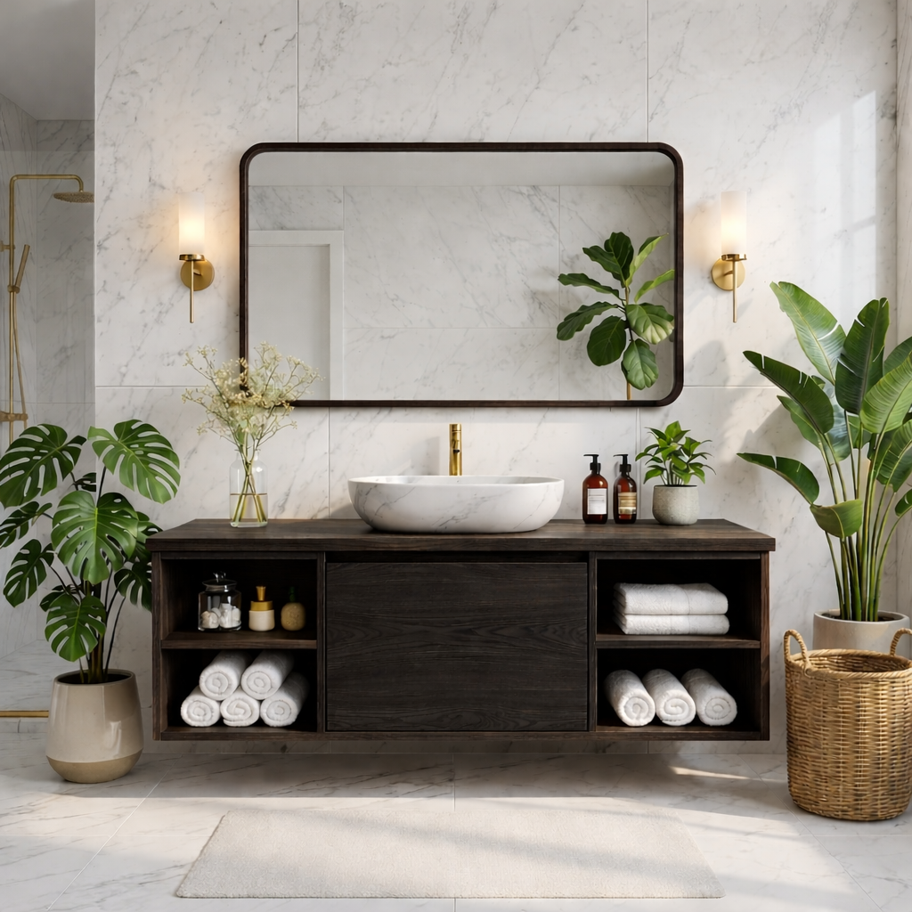 Floating Oak Vanity with Open Shelves and Minimalist Design, Modern Bathroom Furniture