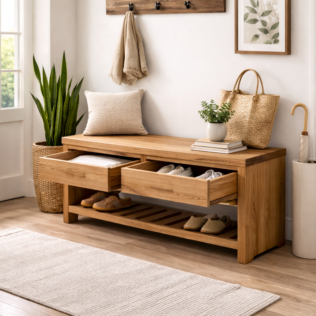 Wood Entryway Bench with Storage Drawers | Modern Hallway Seating & Shoe Rack