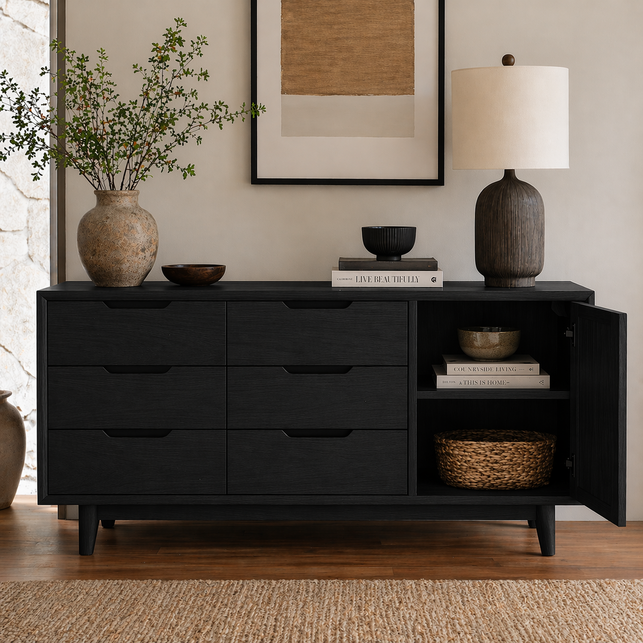 Solid Wood Sideboard Cabinet with Drawers & Door Storage – Modern Rustic Design