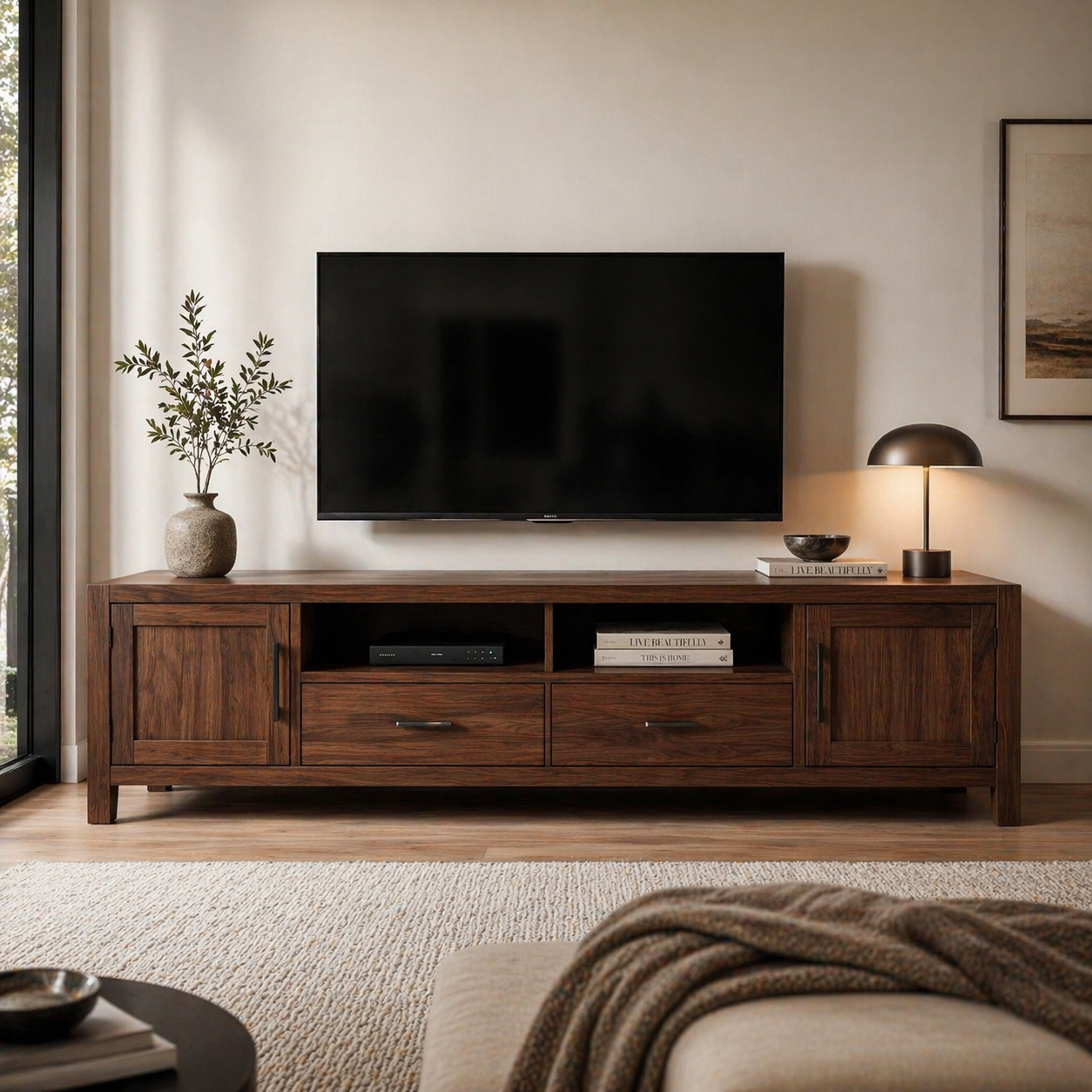 Solid Wood Media Console with Drawers, Modern TV Stand with Cabinets and Storage