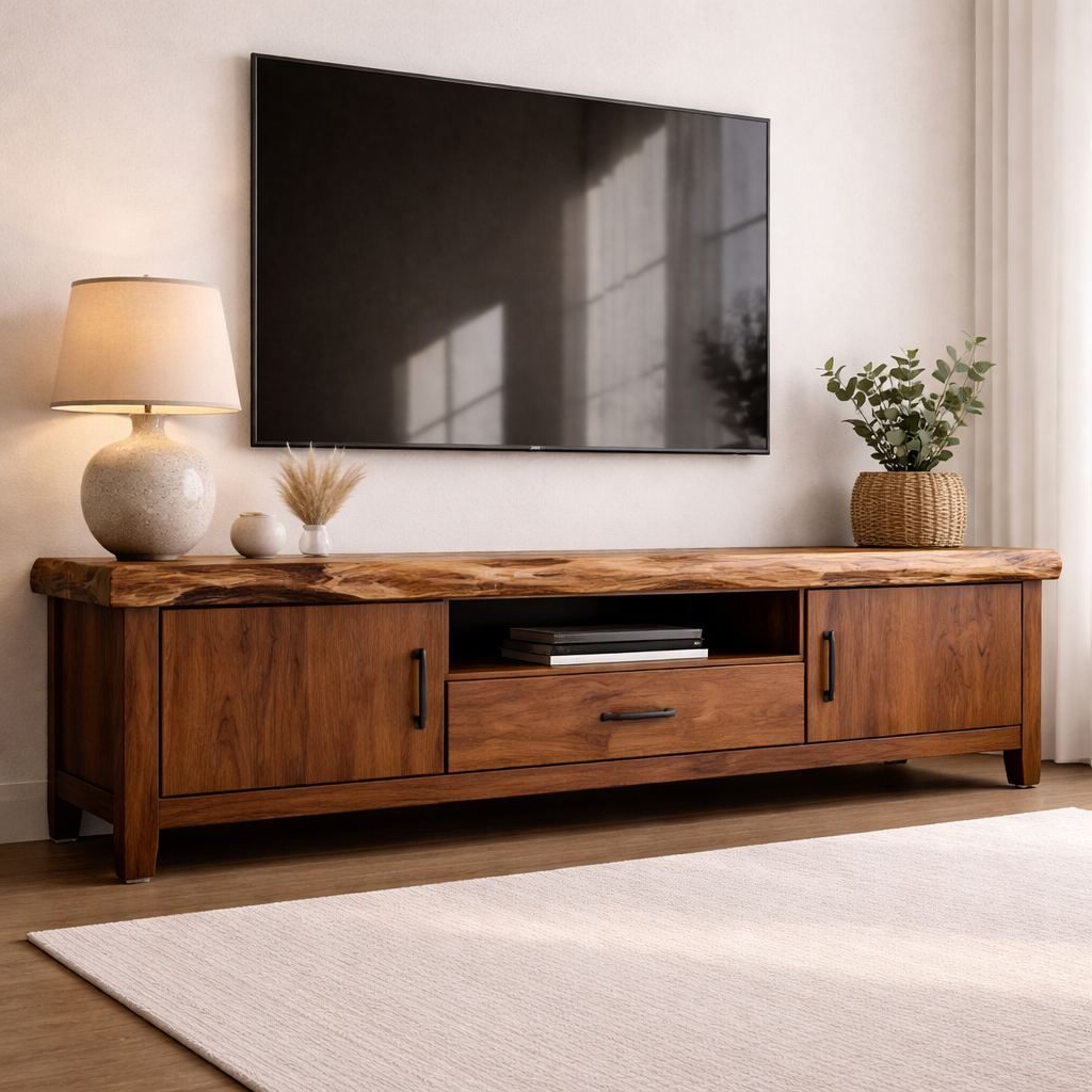 Solid Wood TV Console with Live Edge Top and Storage Cabinets