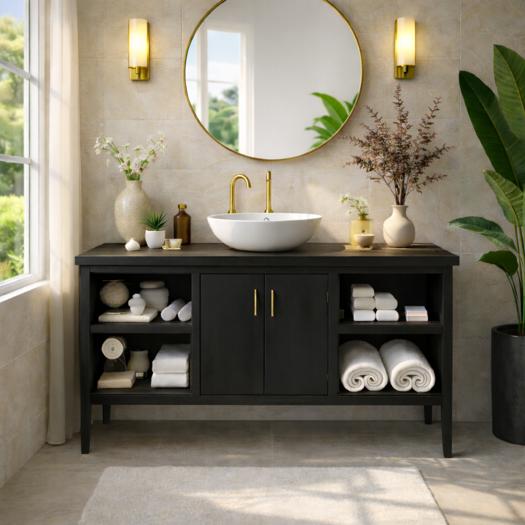 Sleek Wooden Bathroom Vanity with Open Shelving and Storage