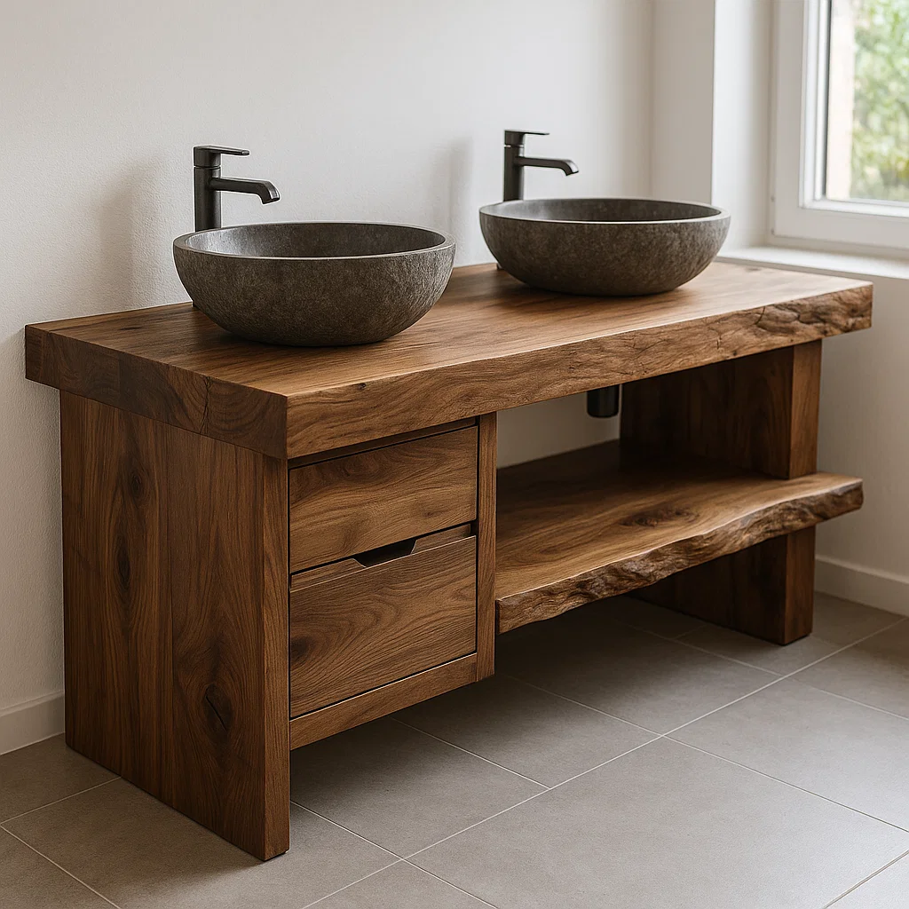 Solid Wood Double Sink Bathroom Vanity with Drawers and Open Shelf Rustic Style