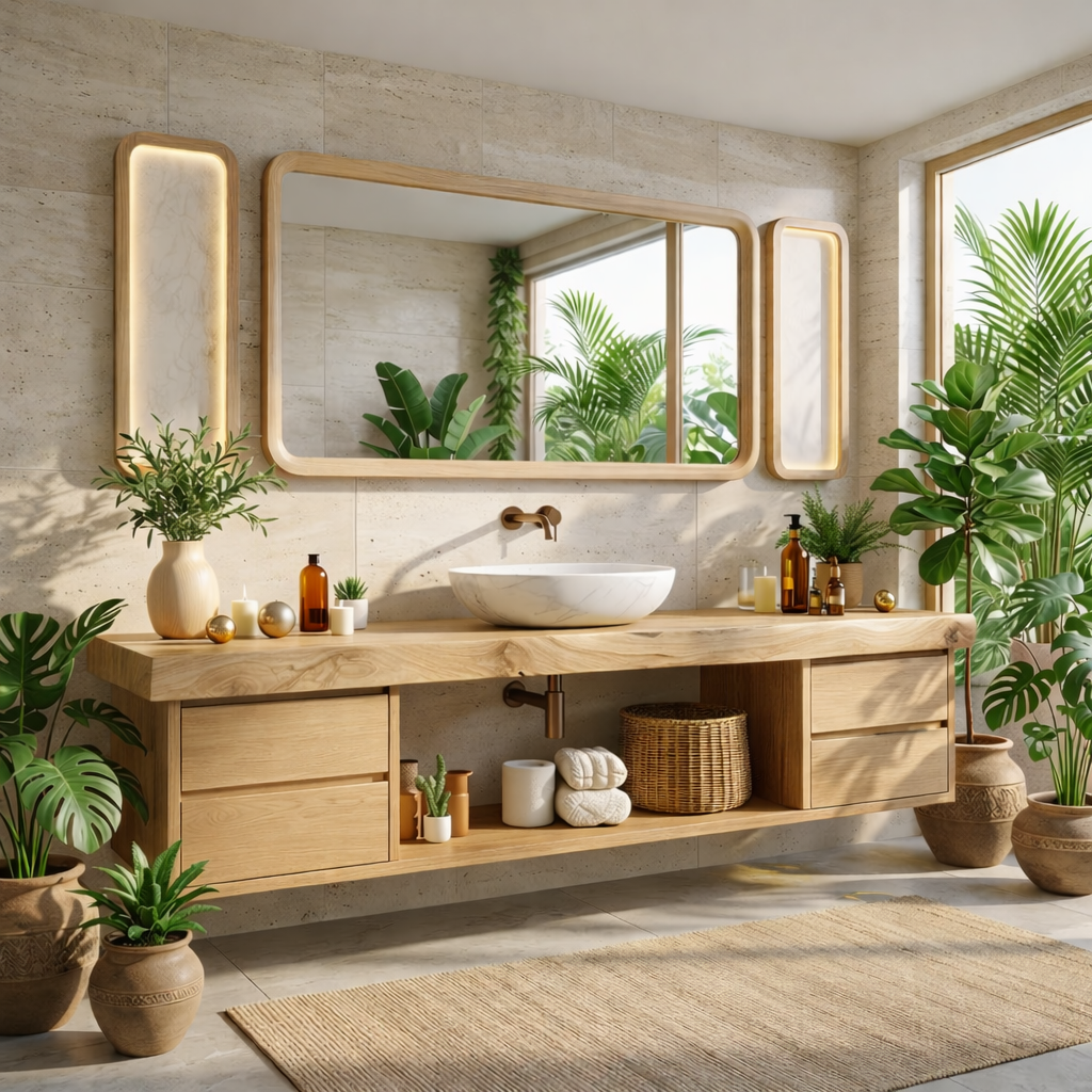 Modern Floating Walnut Vanity with Natural Wood Finish and Open Shelving, Stylish Bathroom Storage