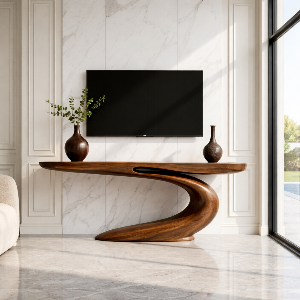Solid Wood Console Table with Sculpted Curved Base, Modern Artistic Design