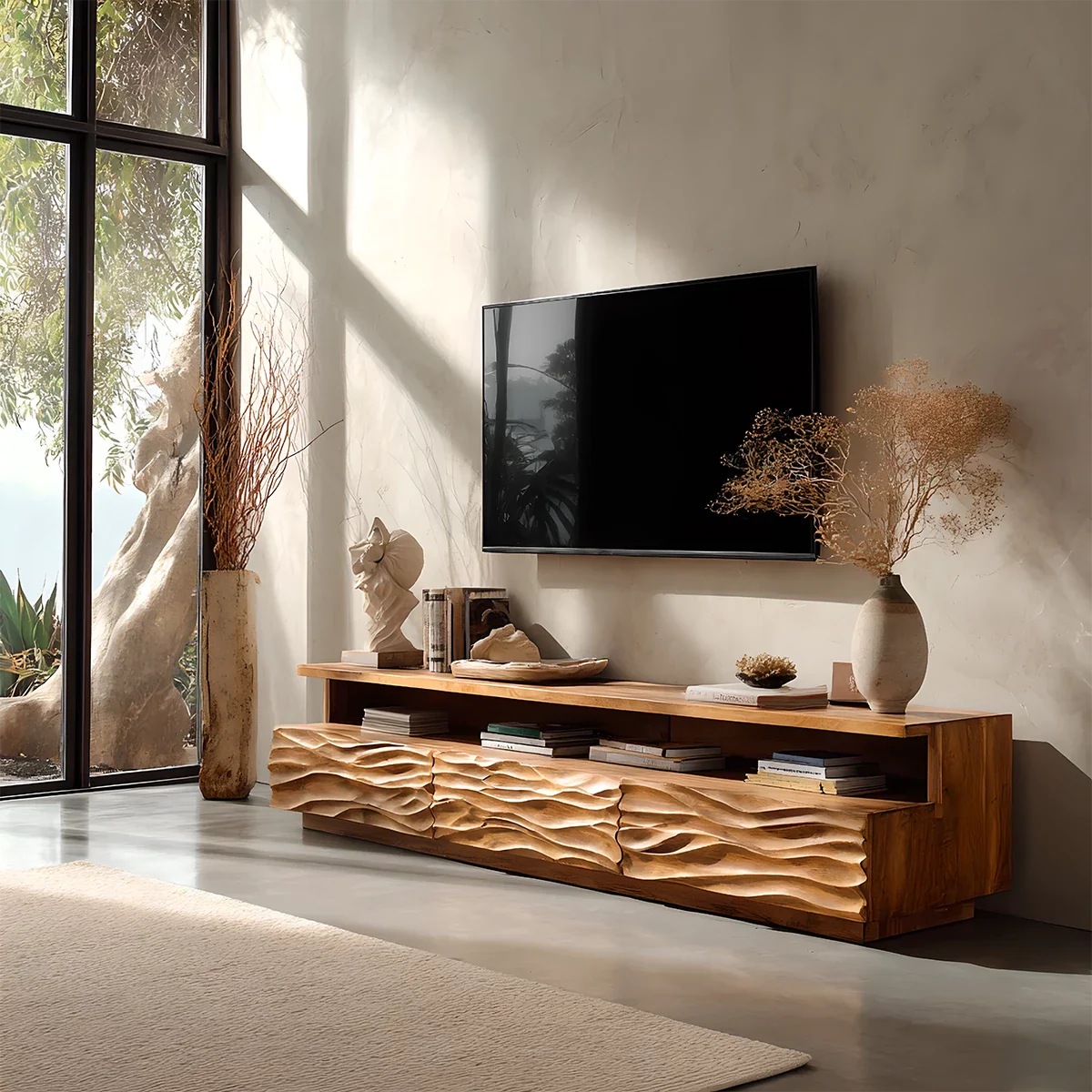 Solid Wood TV Stand Modern Oak Media Console with Carved Wave Doors and Storage
