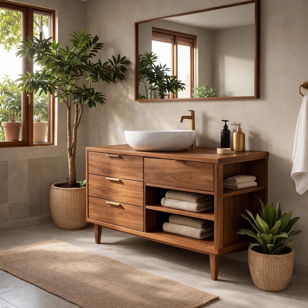Solid Wood Bathroom Vanity with Drawers and Open Side Shelves for Storage