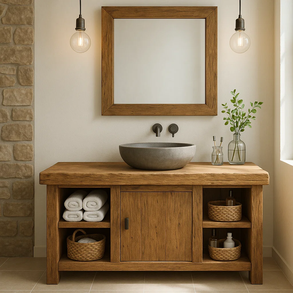 Rustic Wooden Bathroom Vanity with Vessel Sink and Storage Compartments