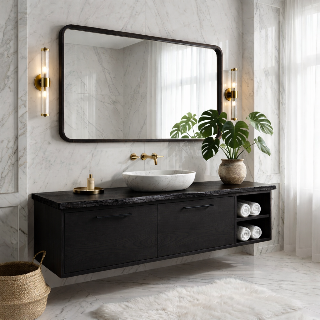 Floating Vanity with Natural Walnut Wood, Modern Sink, and Open Shelf Storage