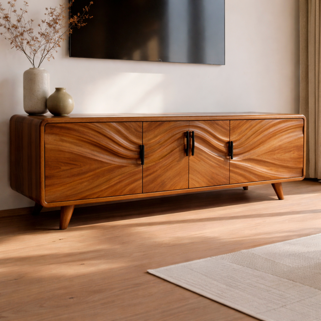Solid Wood Wave Front TV Cabinet with Doors – Modern Low Media Console Storage