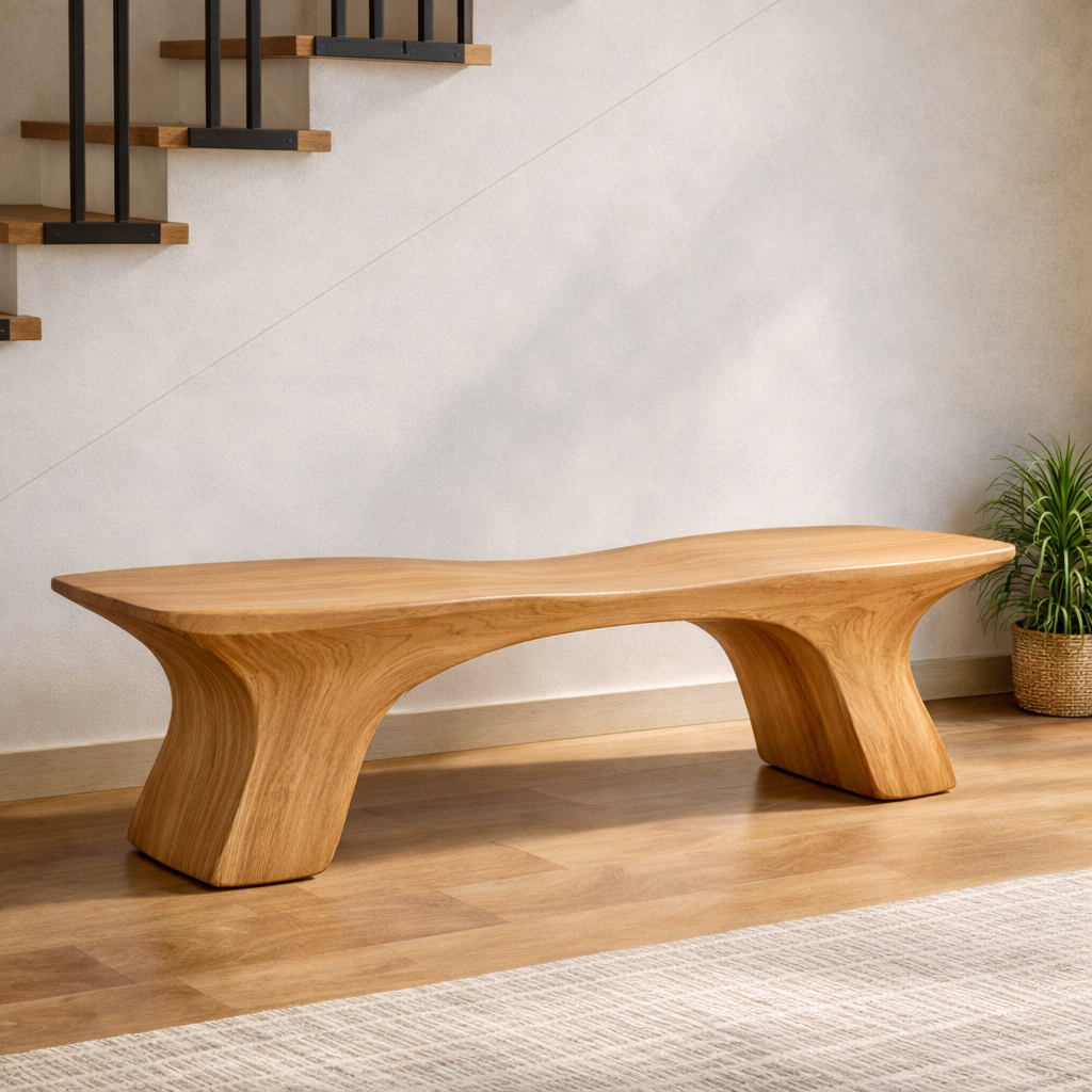 Sculptural Solid Wood Bench, Organic Modern Statement Seating