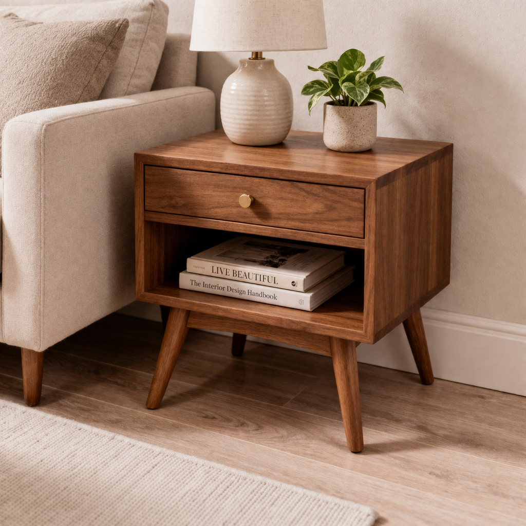 Solid Wood End Table with Drawer and Shelf – Mid Century Modern Bedside Table