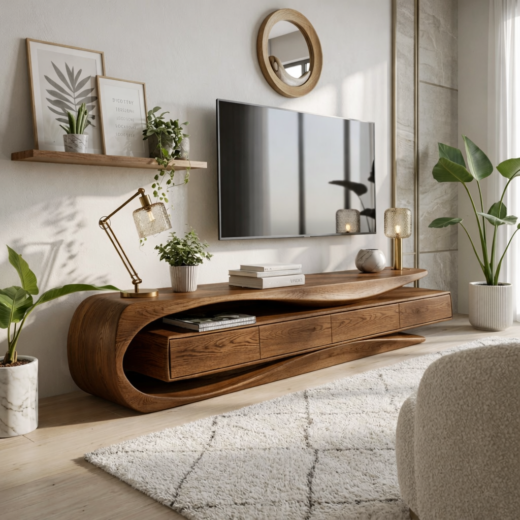 Solid Wood TV Stand with Curved Frame, Modern Low Profile Media Console