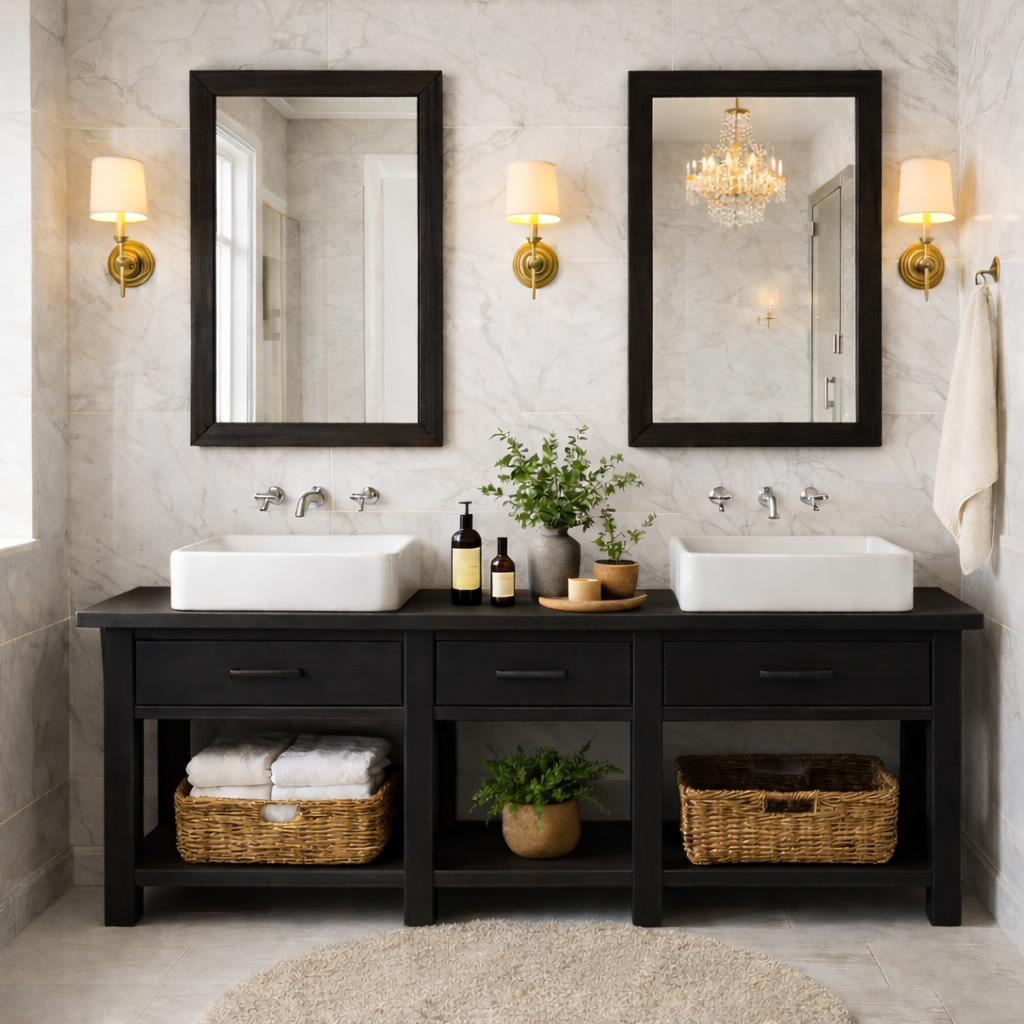 Modern Farmhouse Double Bathroom Vanity Cabinet Wood Vanity Base With Drawers Storage