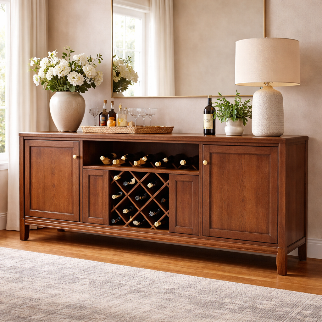 Solid Wood Console Cabinet with Wine Rack and Storage Doors