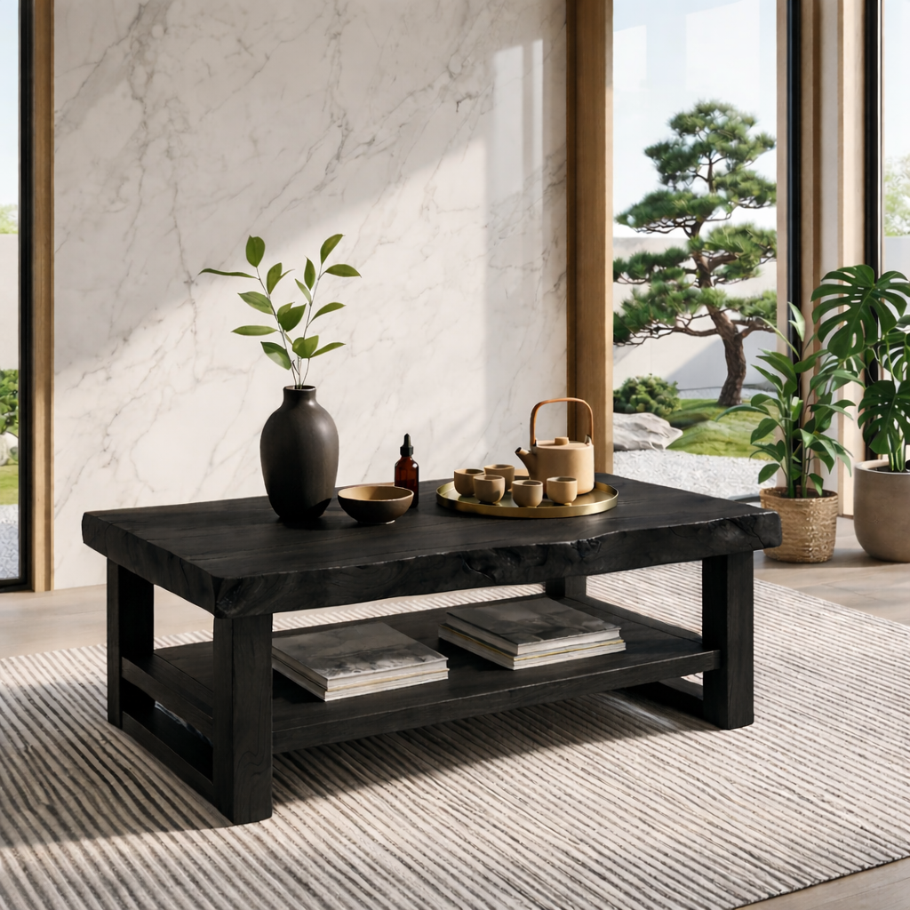 Rustic Solid Wood Coffee Table with Natural Finish and Lower Storage