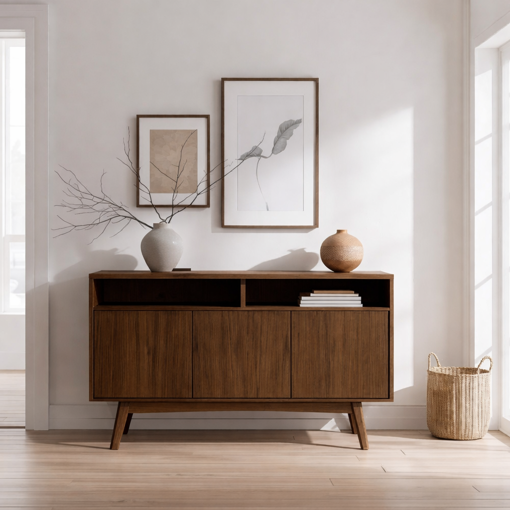 Mid-Century Modern Solid Wood Console Cabinet with Open Shelf and Storage