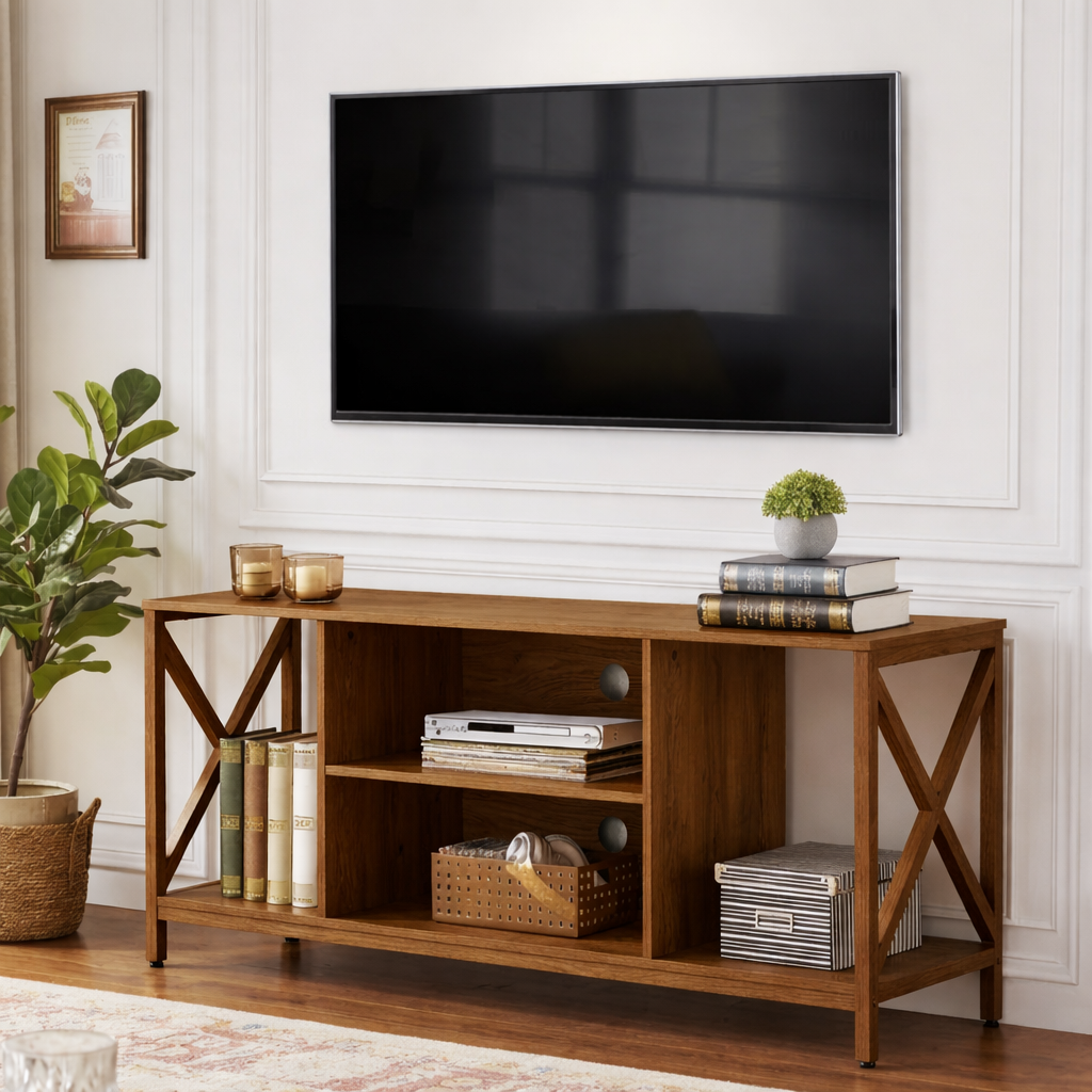 Modern Solid Wood TV Stand with Open Shelves X Frame Sides Media Console