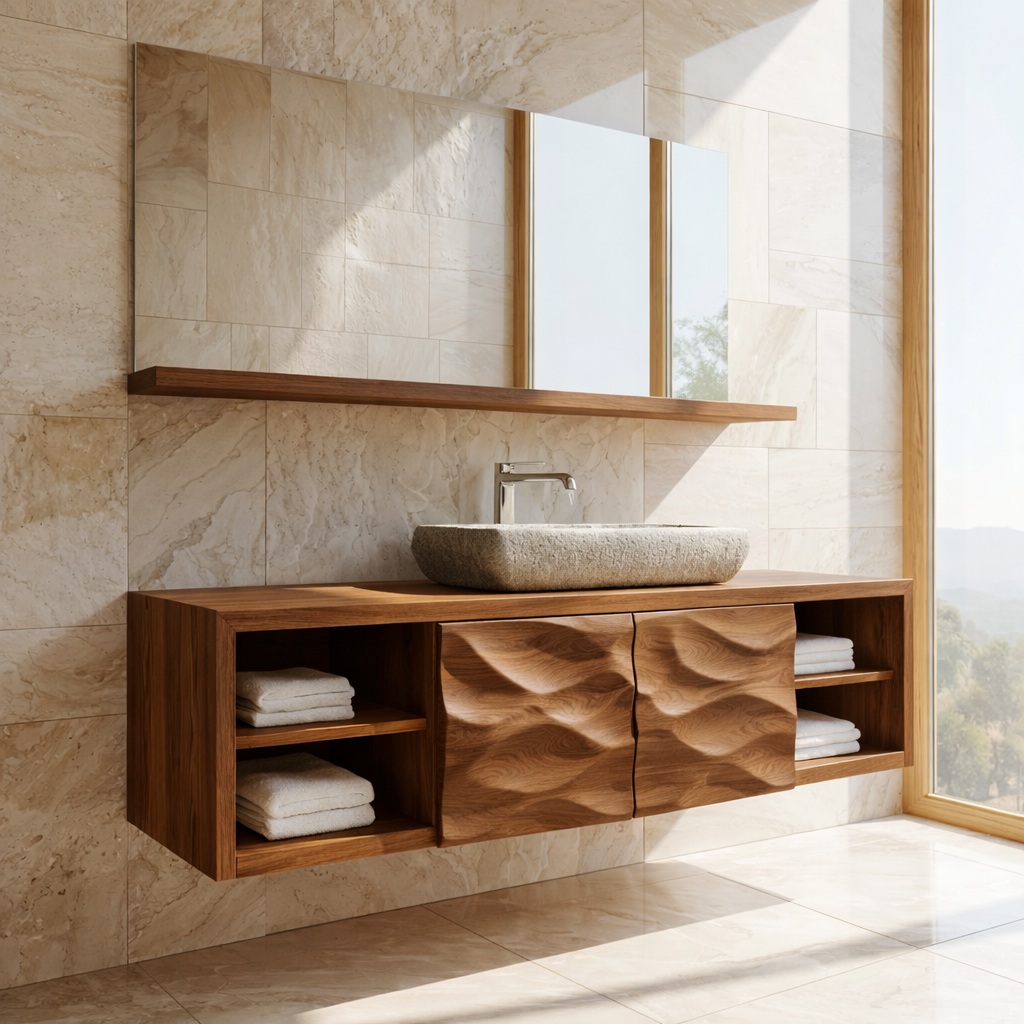 Modern Solid Wood Bathroom Vanity with Floating Storage and Sculpted Cabinet Doors