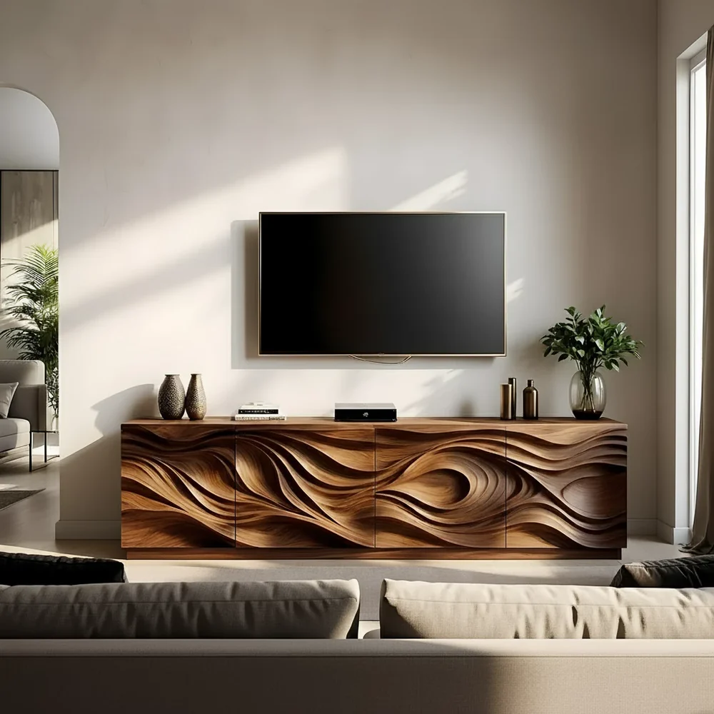 Solid Wood TV Stand Modern Media Console with Sculpted Wave Design