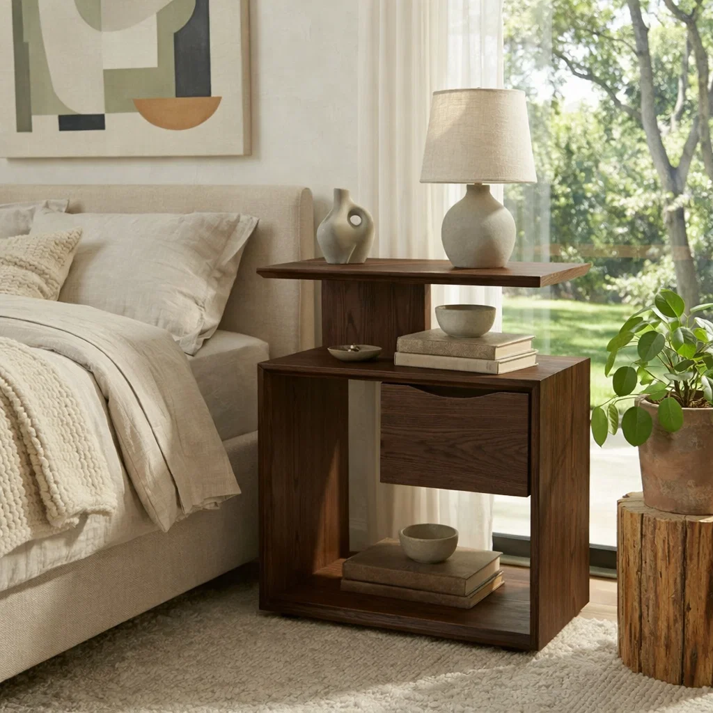 Solid Wood Nightstand with Drawer & Open Shelf – Modern Bedside Table