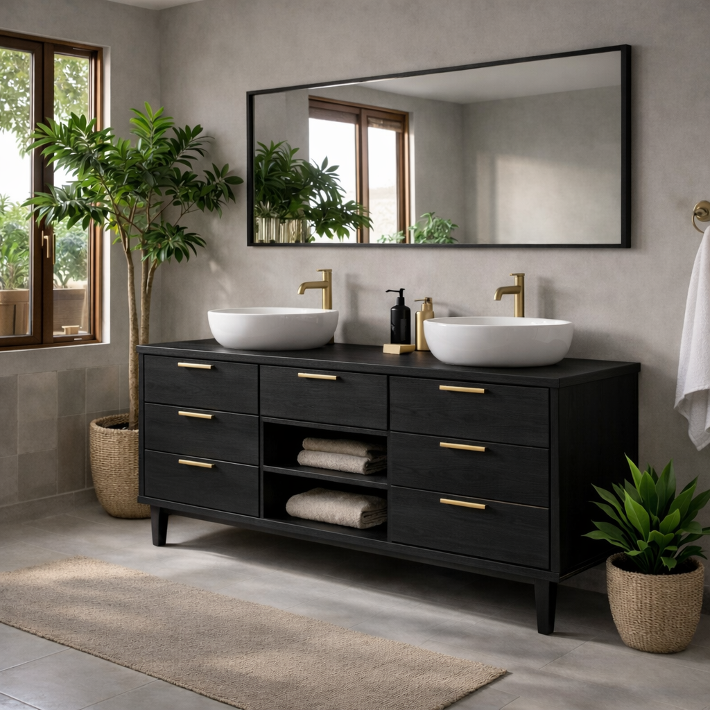 Solid Wood Double Bathroom Vanity with Drawers and Center Open Shelf Storage