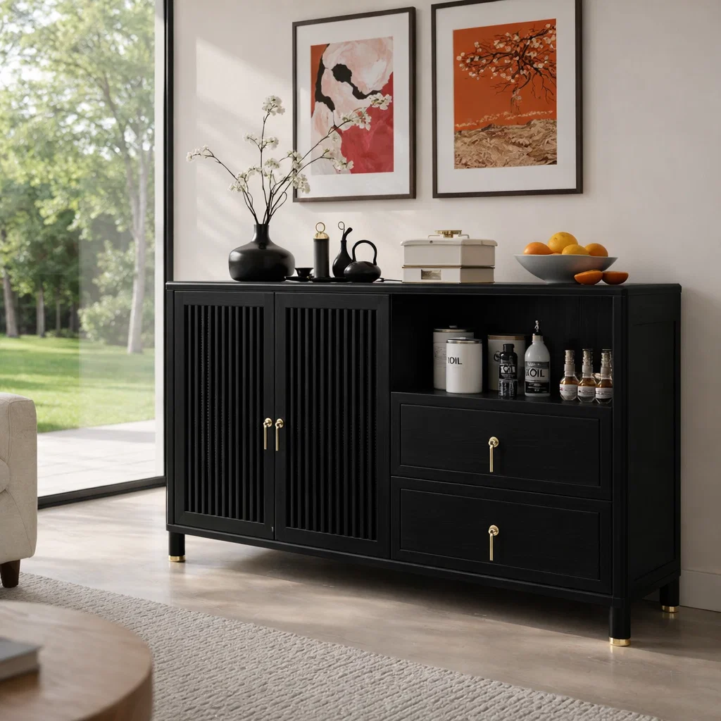 Solid Wood Console Sideboard with Drawer – Modern Walnut Storage Cabinet