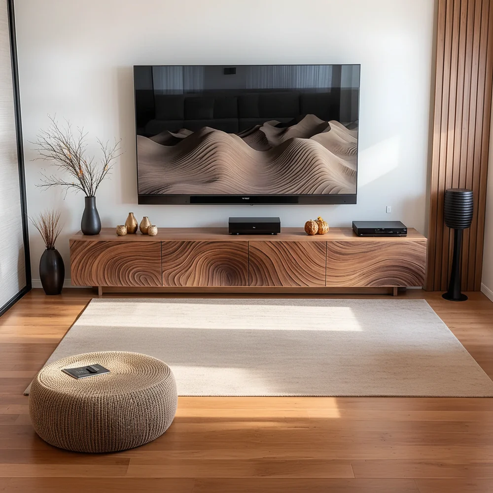 Solid Wood TV Stand Modern Walnut Media Console with Sculpted Wave Storage Cabinet
