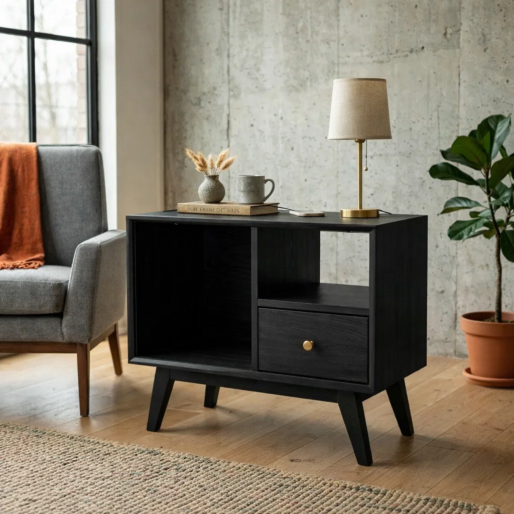 Solid Wood End Table with Open Shelves and Drawer – Mid Century Modern Side Table
