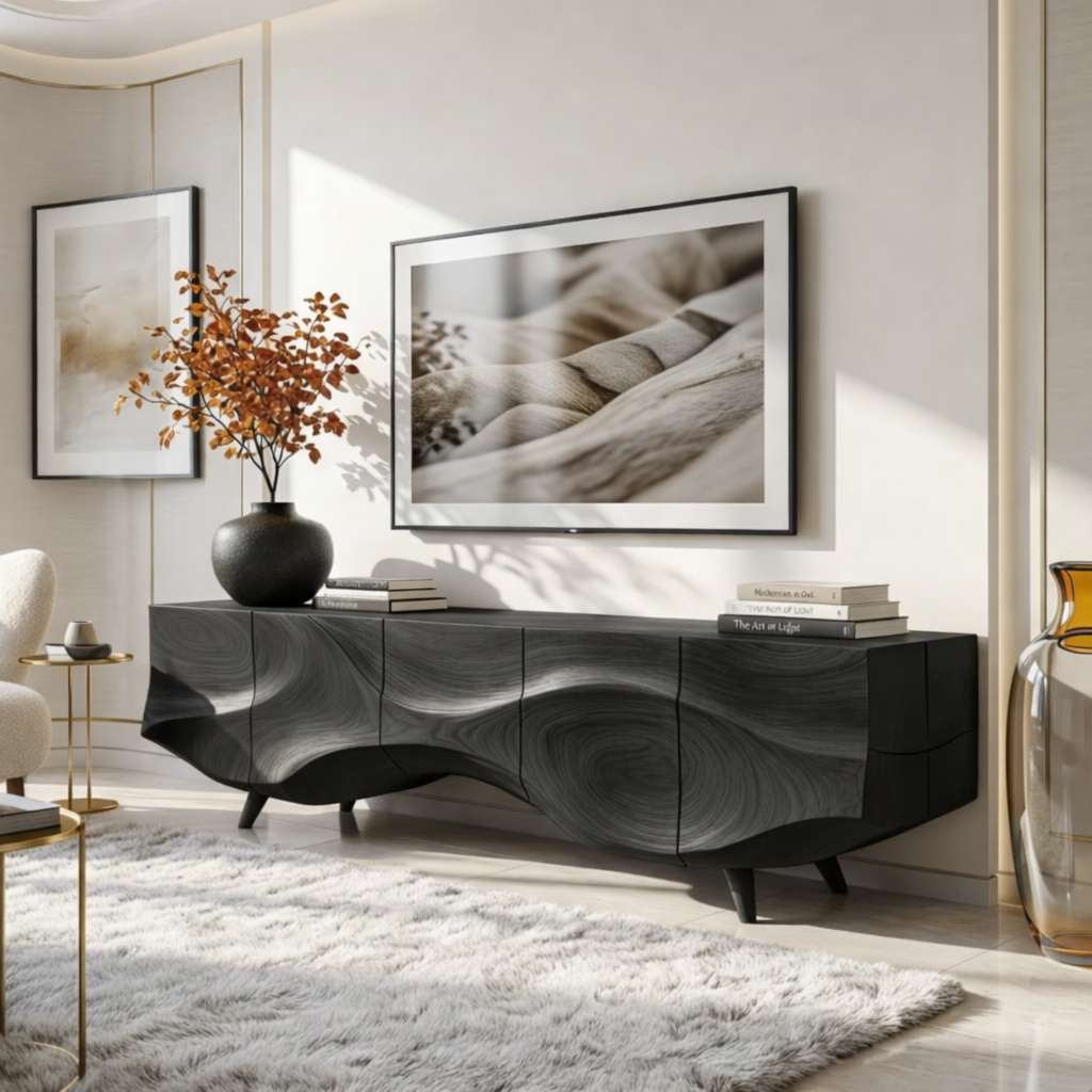 Solid Wood TV Stand, Sculpted-Wave Modern Media Console Cabinet for Living Room