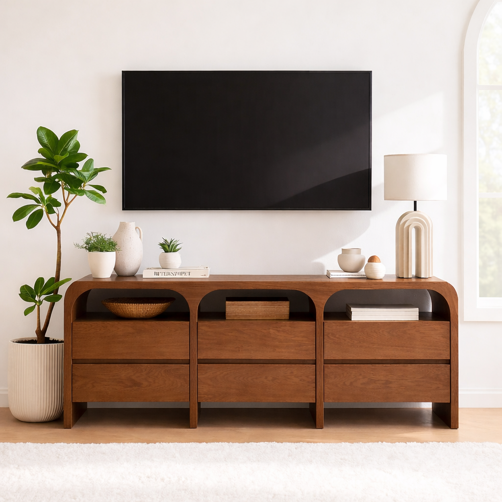 Modern Minimalist Wood TV Stand With Drawers Long Media Console Storage Cabinet