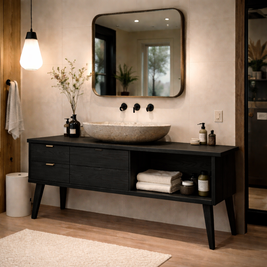Solid Wood Bathroom Vanity with Drawers & Open Shelf – Modern Oak Vanity Cabinet