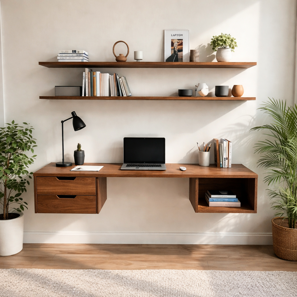 Floating Oak Desk with Shelf – Minimalist Wall Workspace