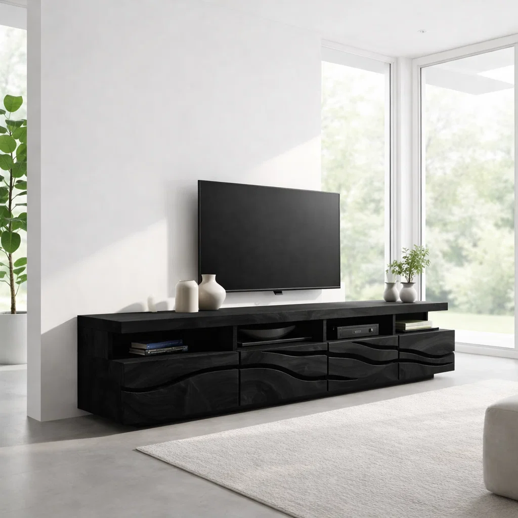 Solid Wood Media Console with Wave Carved Doors, Modern TV Stand Cabinet