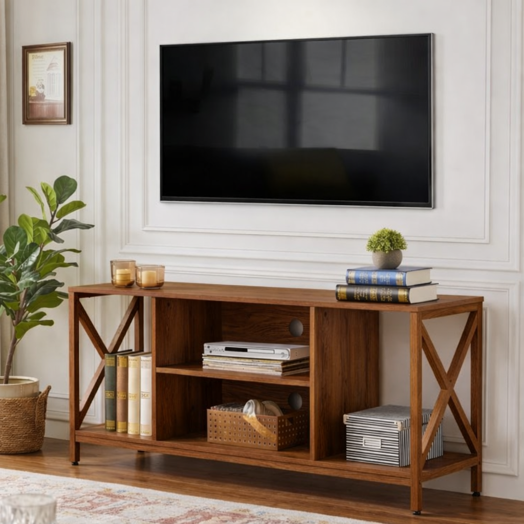 Modern Solid Wood TV Stand with Open Shelves X Frame Sides Media Console