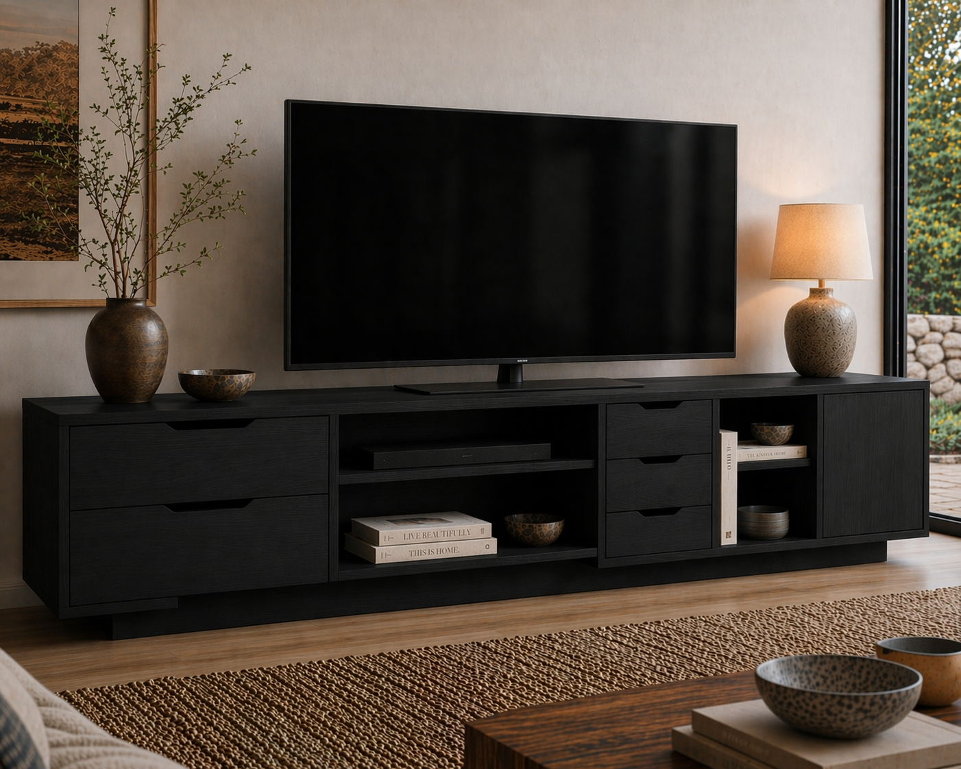 Solid Wood Media Console with Drawers, Modern TV Stand with Open Shelf Storage