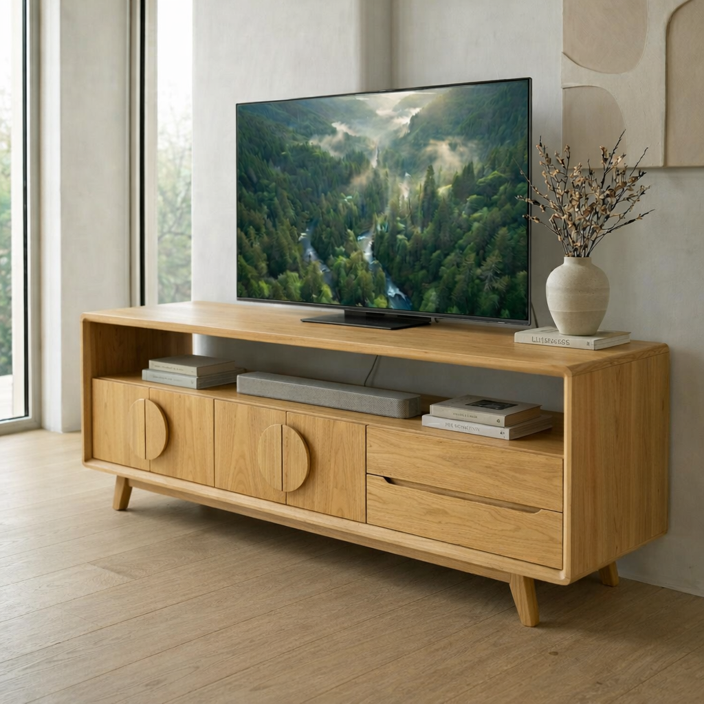 Mid Century Solid Wood Media Console with Storage – Modern TV Stand Cabinet