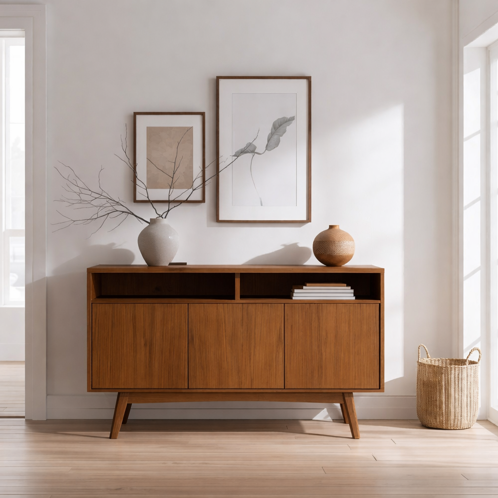 Mid-Century Modern Solid Wood Console Cabinet with Open Shelf and Storage