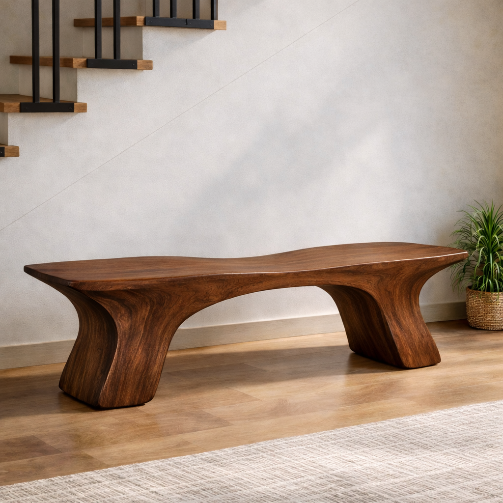 Sculptural Solid Wood Bench, Organic Modern Statement Seating