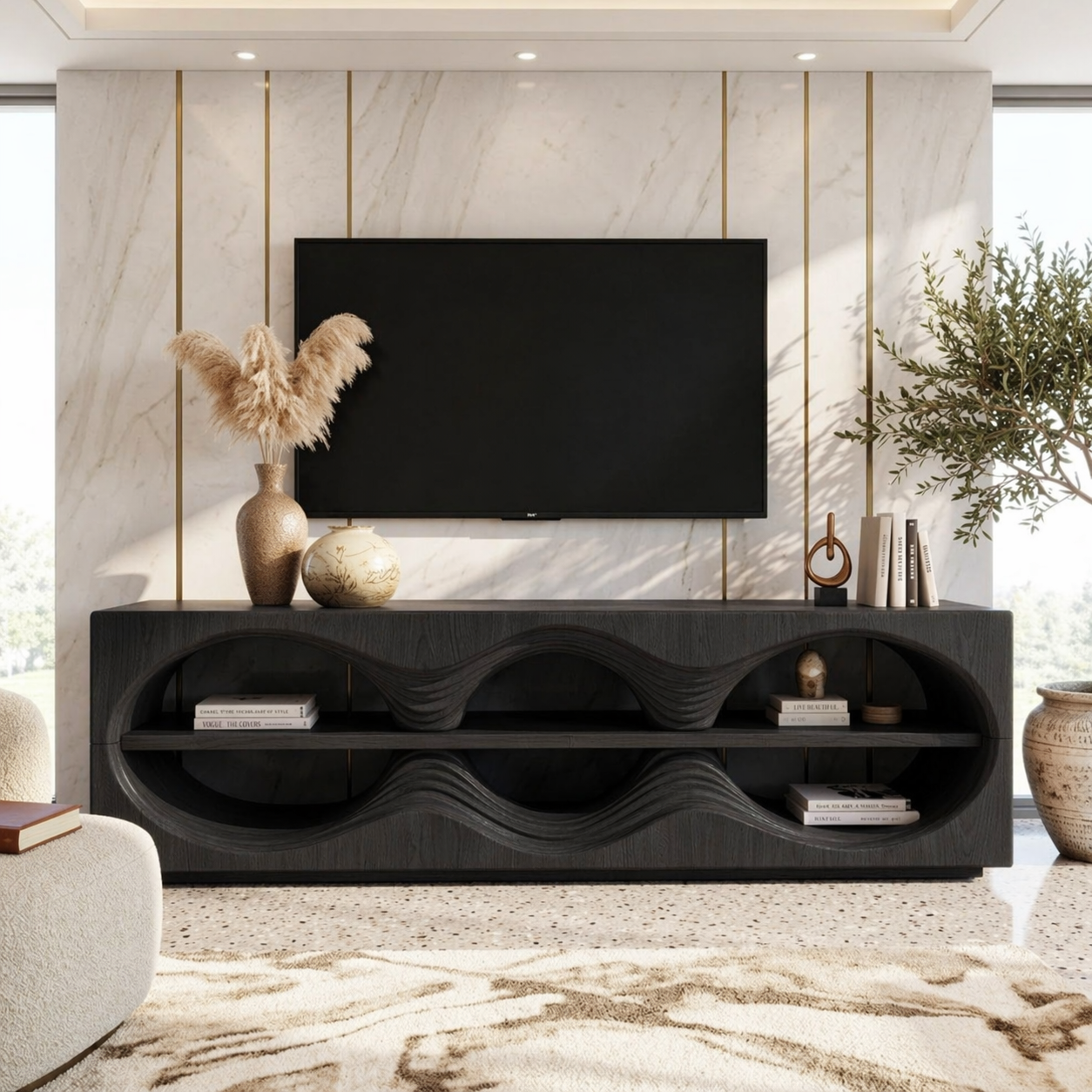 Sculptural Wave TV Console, Modern Entertainment Stand for Elegant Home Interiors