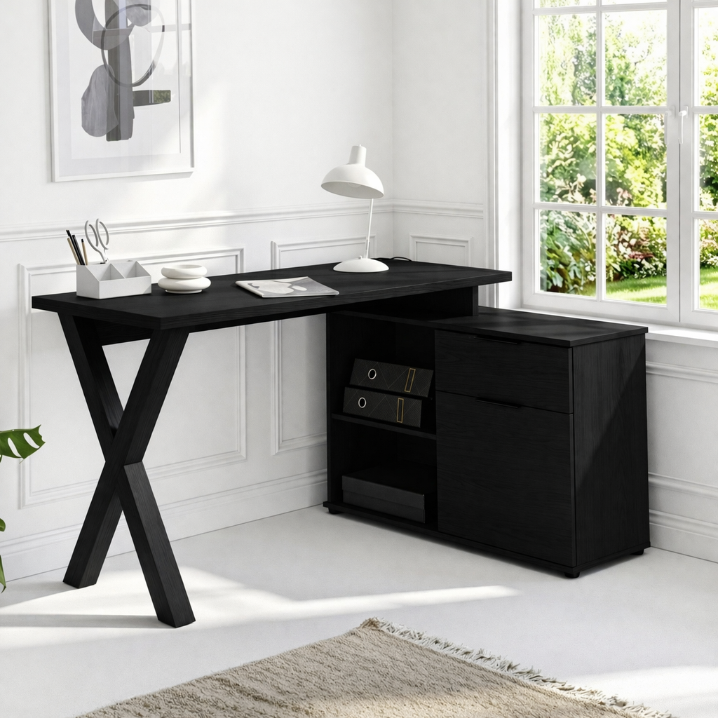 Modern Corner Desk with Storage Drawers and Open Shelf Home Office Work Table