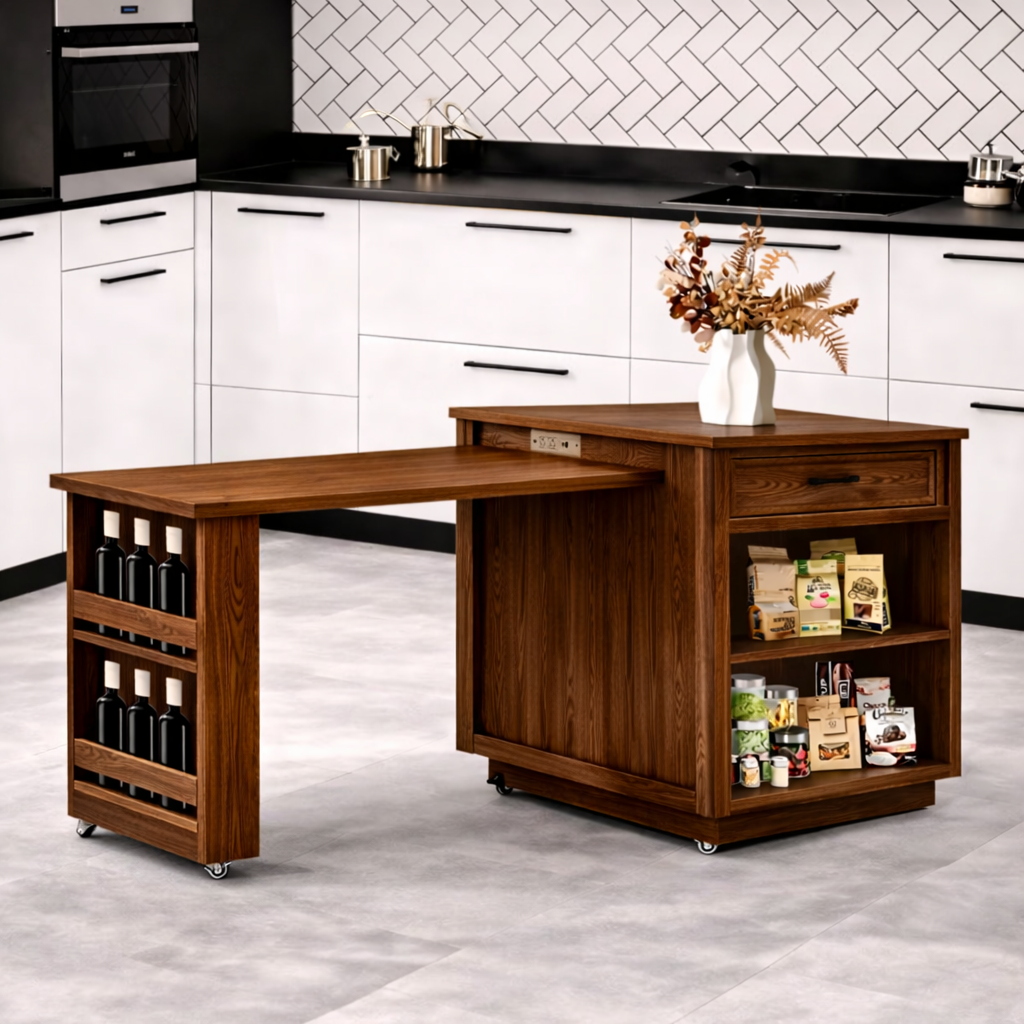 Rolling Kitchen Island with Extendable Table, Storage Cabinet, Modern Prep Station for Dining Space
