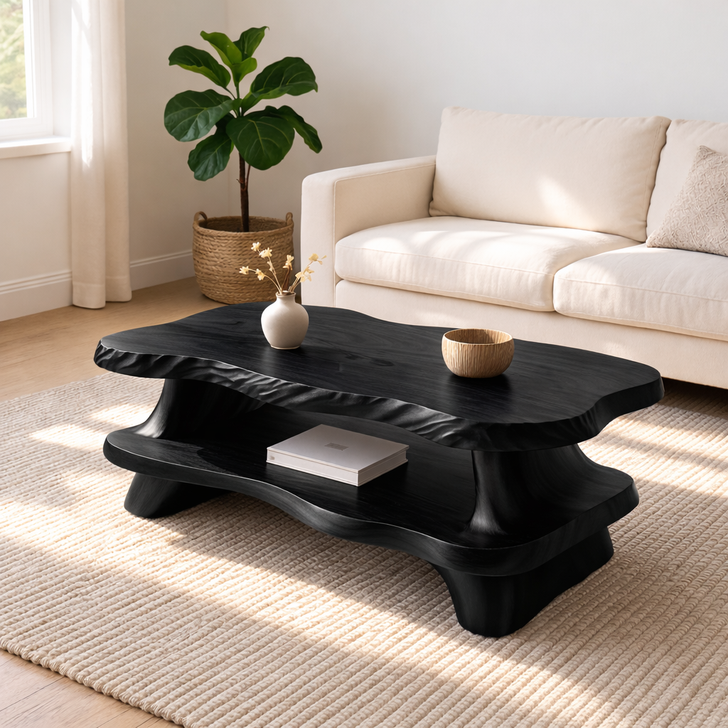 Modern Solid Wood Coffee Table with Organic Live Edge and Lower Shelf