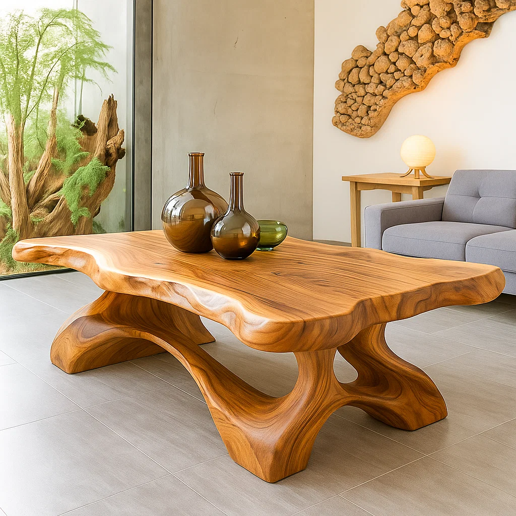 Solid Wood Coffee Table Live Edge Modern Sculptural Base Natural Wood