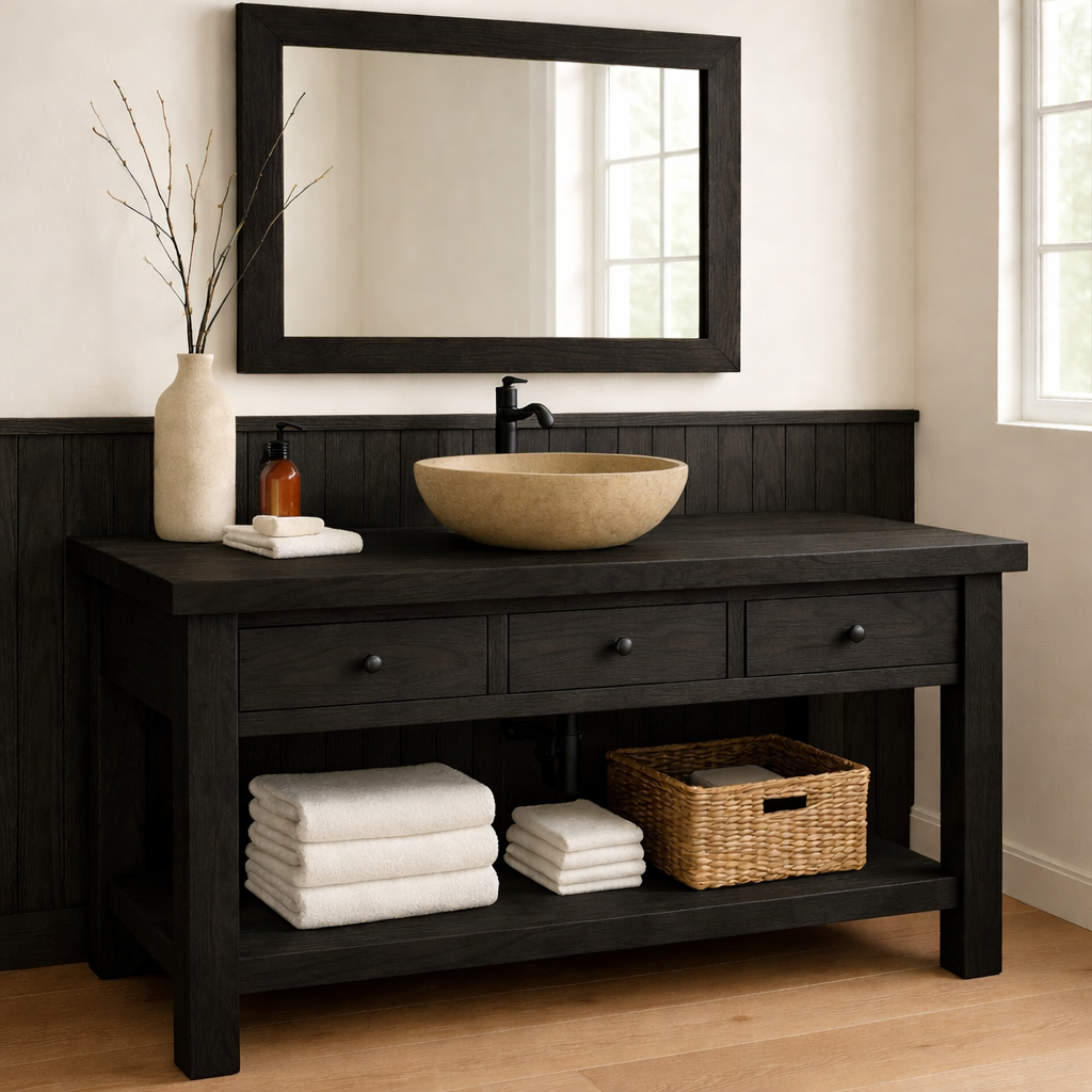 Solid Wood Bathroom Vanity with Drawers and Open Shelf Rustic Single Sink Vanity
