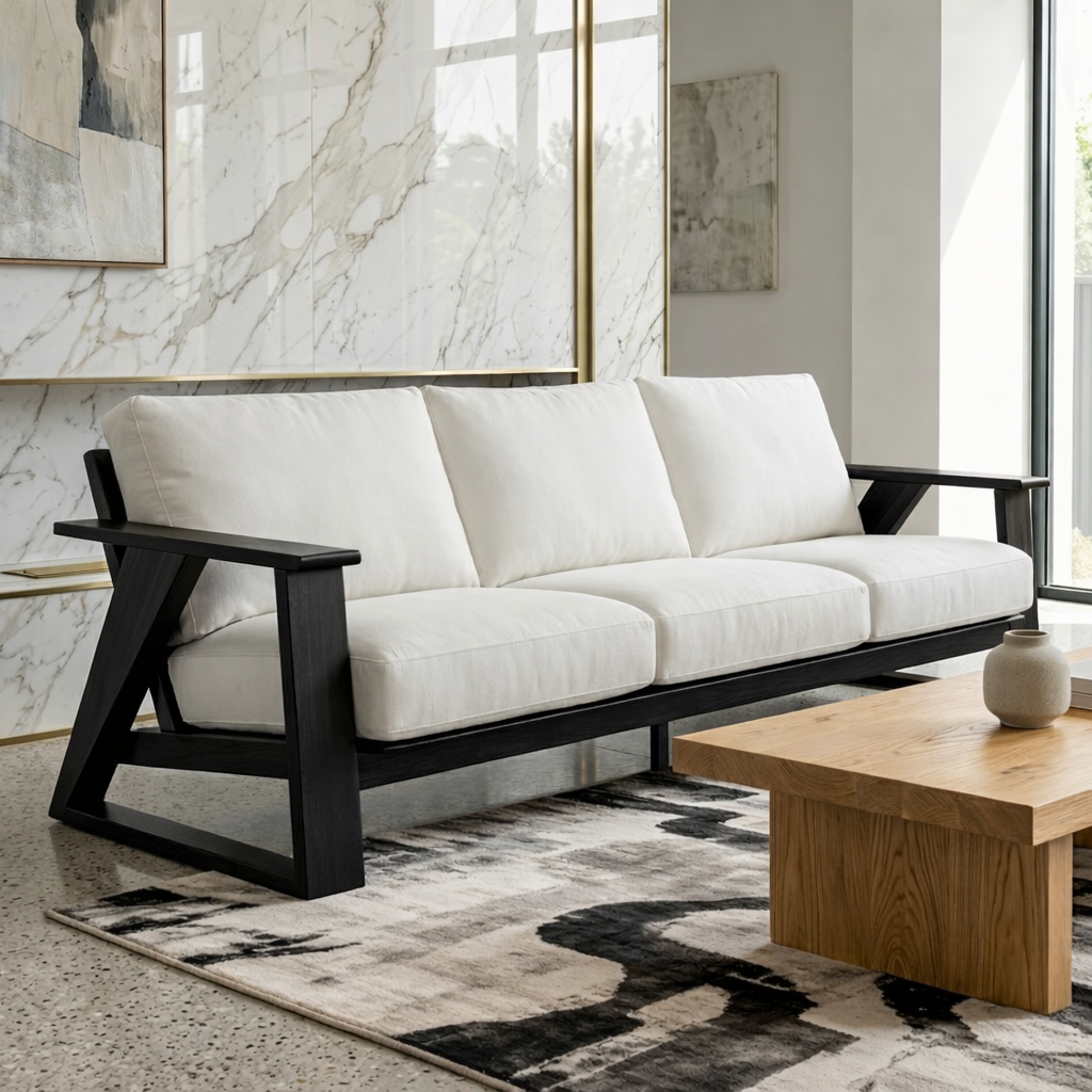 Modern Geometric Solid Wood Sofa with White Linen Cushions Mid Century Living Couch