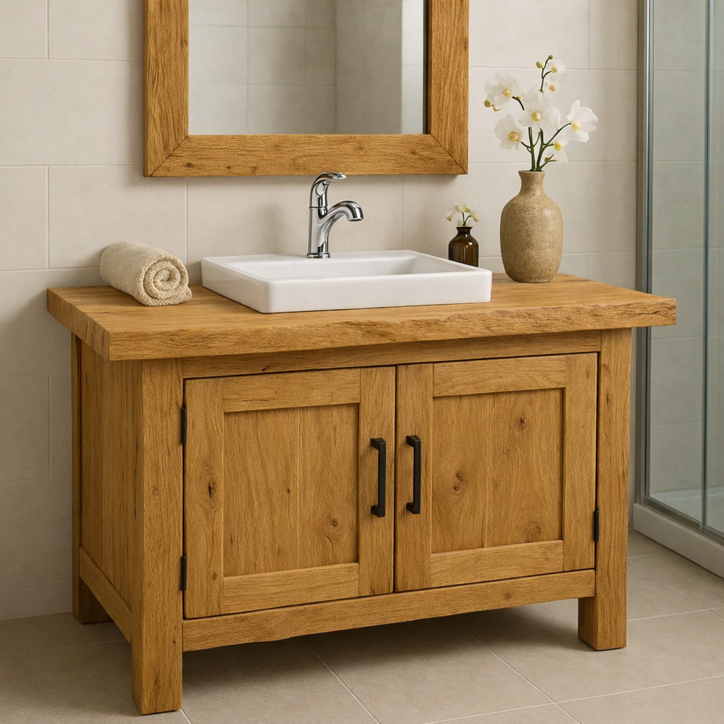 Rustic Wooden Bathroom Vanity with Square Sink and Storage Cabinets