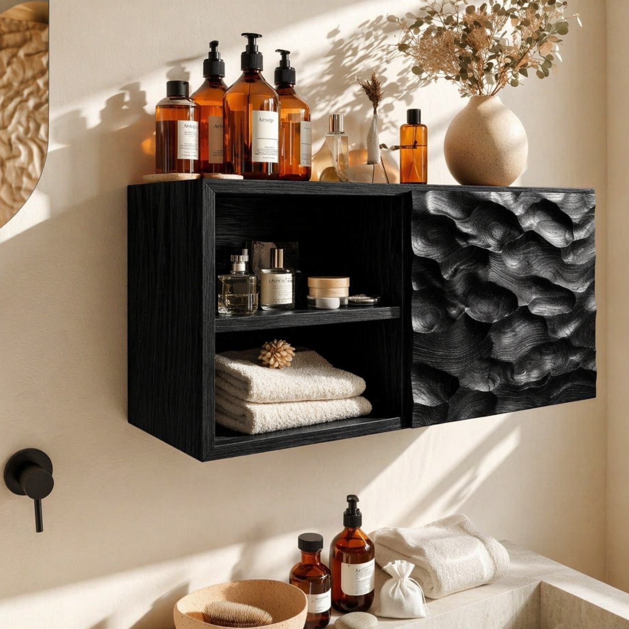 Floating Bathroom Cabinet, Modern Sculpted Wall Mounted Vanity Storage Organizer
