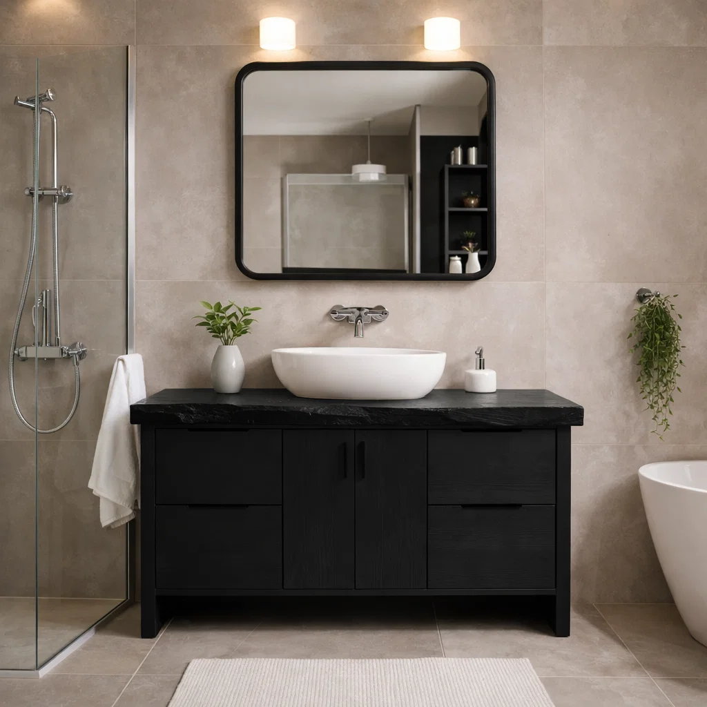 Solid Wood Bathroom Vanity Cabinet with Live Edge Top & Modern Sink Design